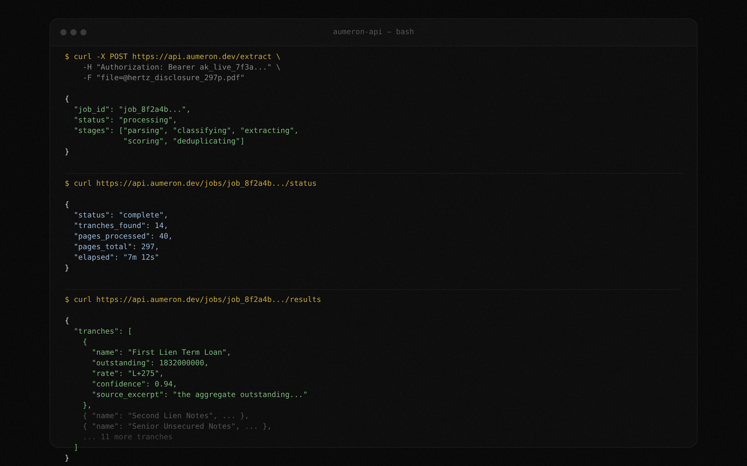 Terminal showing sequential API calls: upload PDF, poll status, fetch structured results
