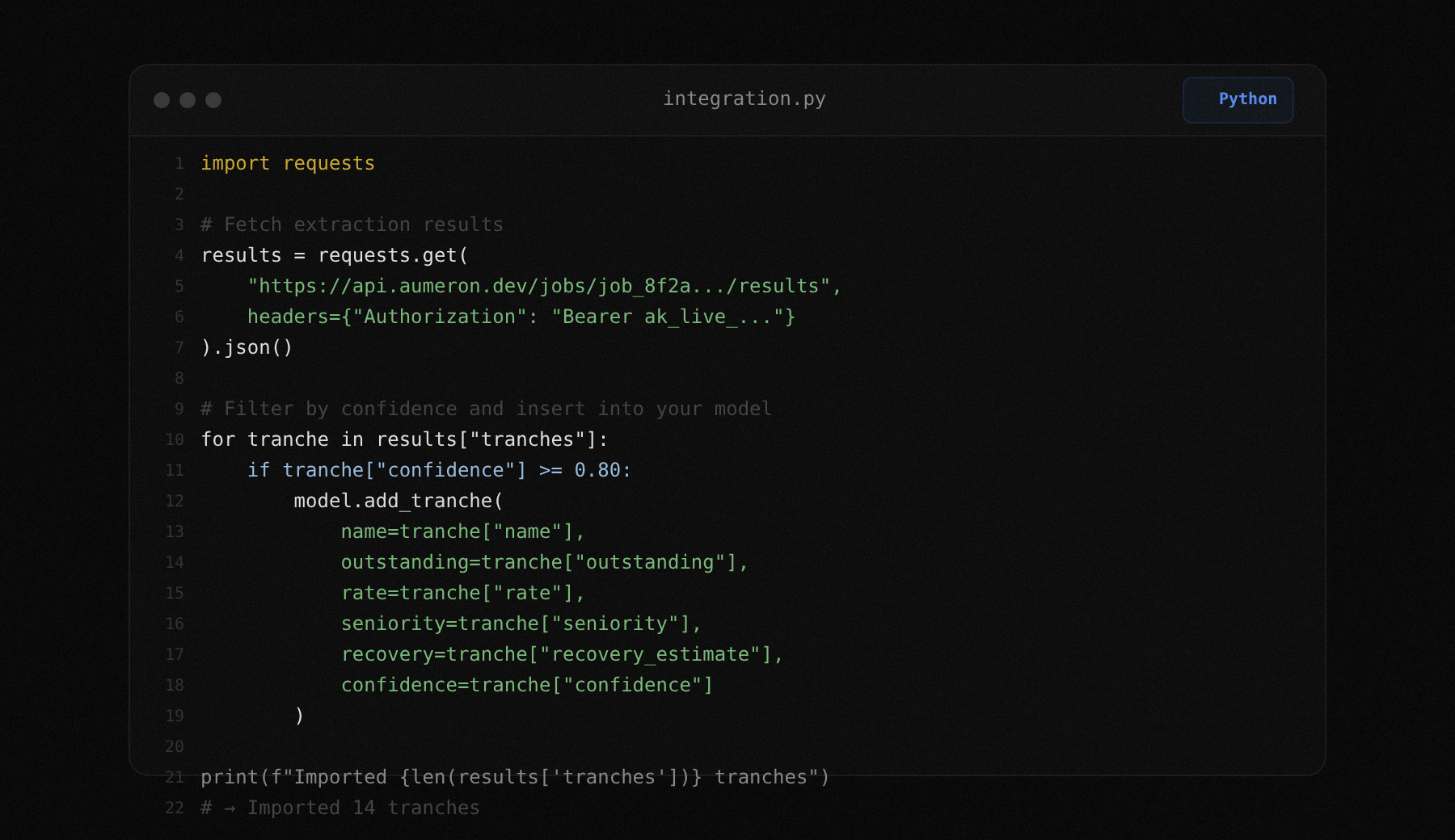 Python code snippet fetching tranche data and feeding into a model