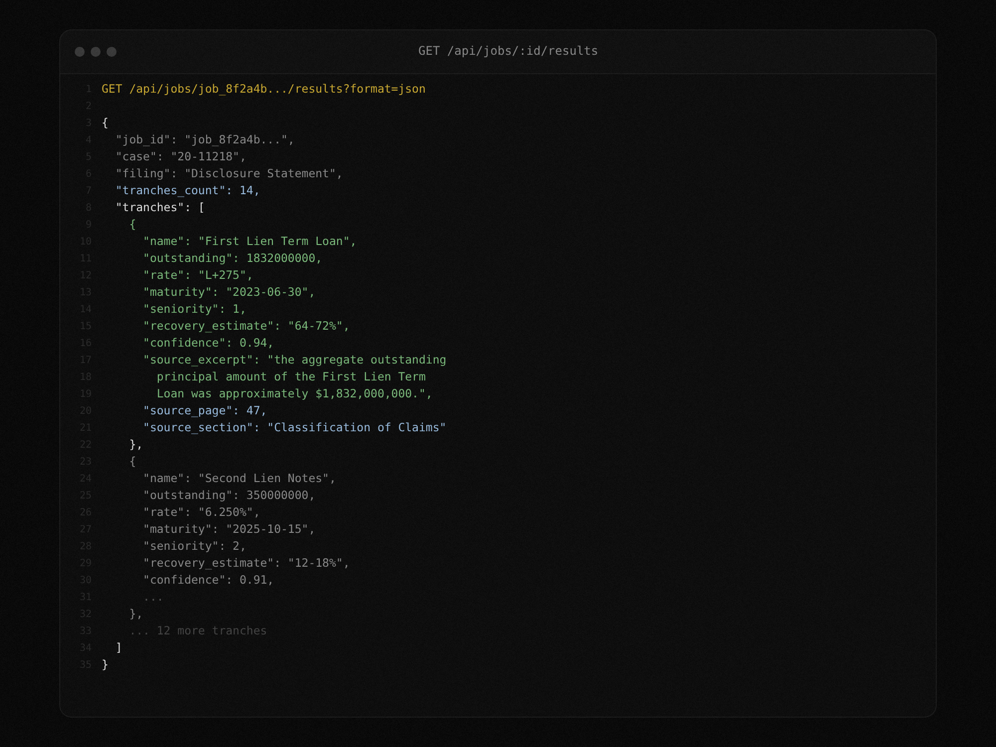 GET results endpoint returning structured JSON with tranches and confidence scores