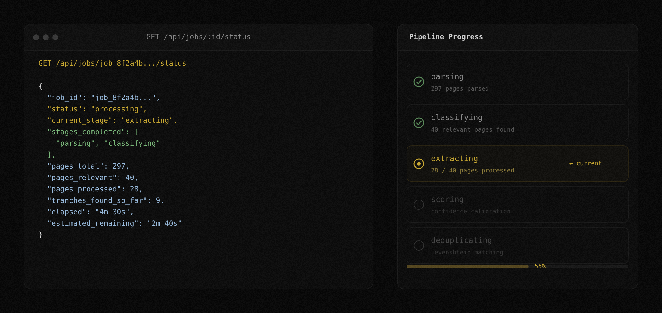 GET job status response with stage progress visualization
