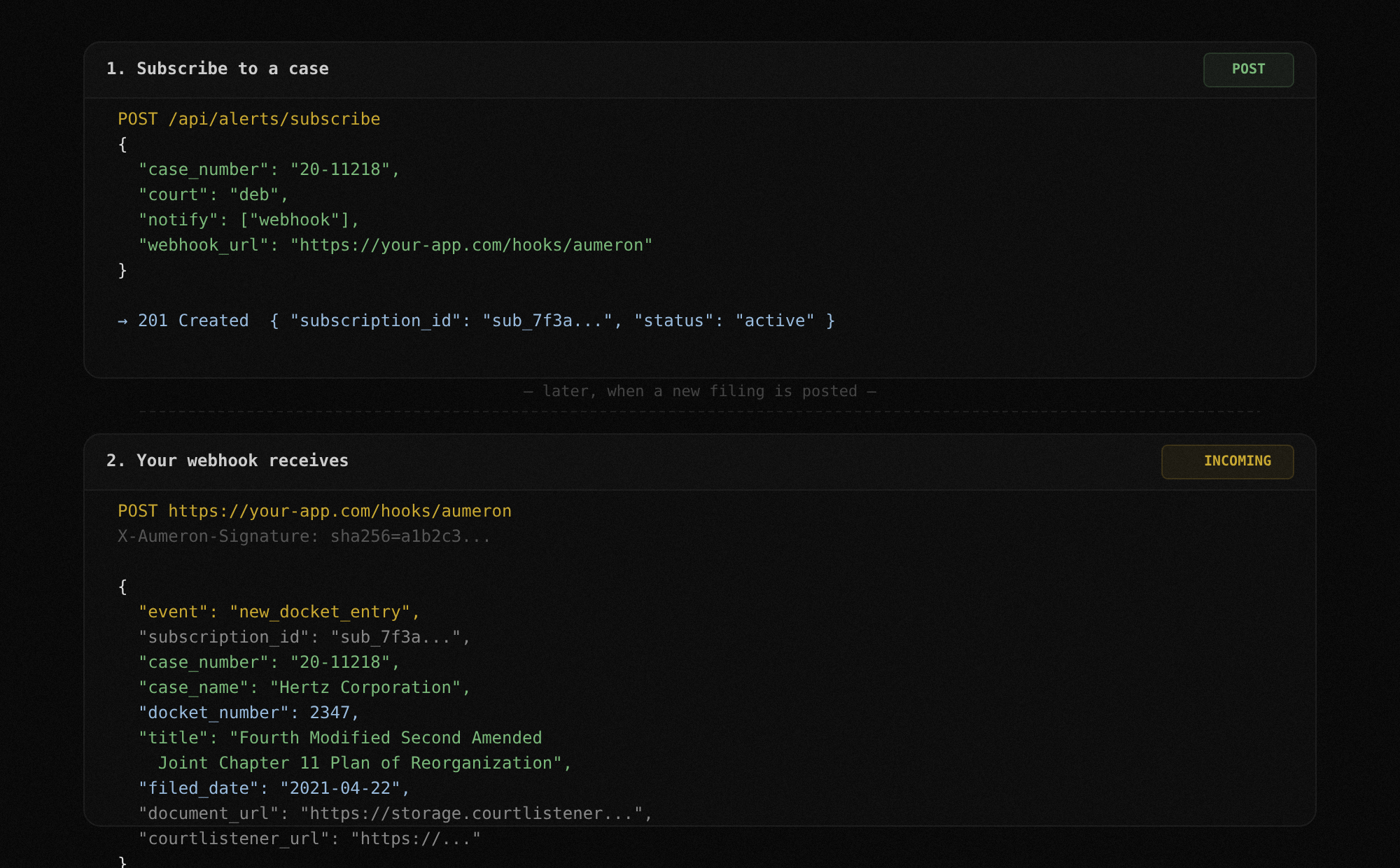 POST /api/alerts/subscribe request and incoming webhook payload for new docket entry