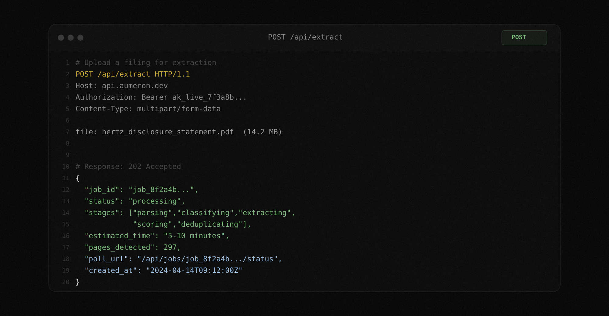 POST /api/extract request and response with job ID