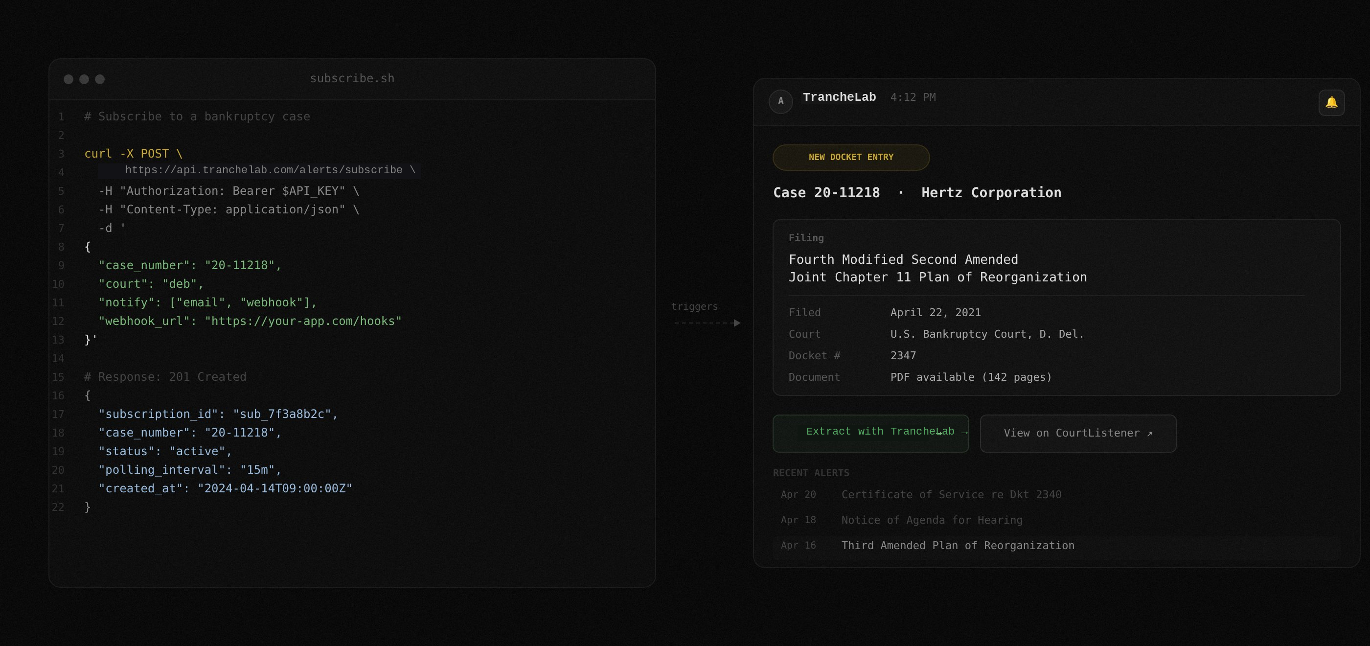 API subscription call on the left with notification card showing new docket entry on the right
