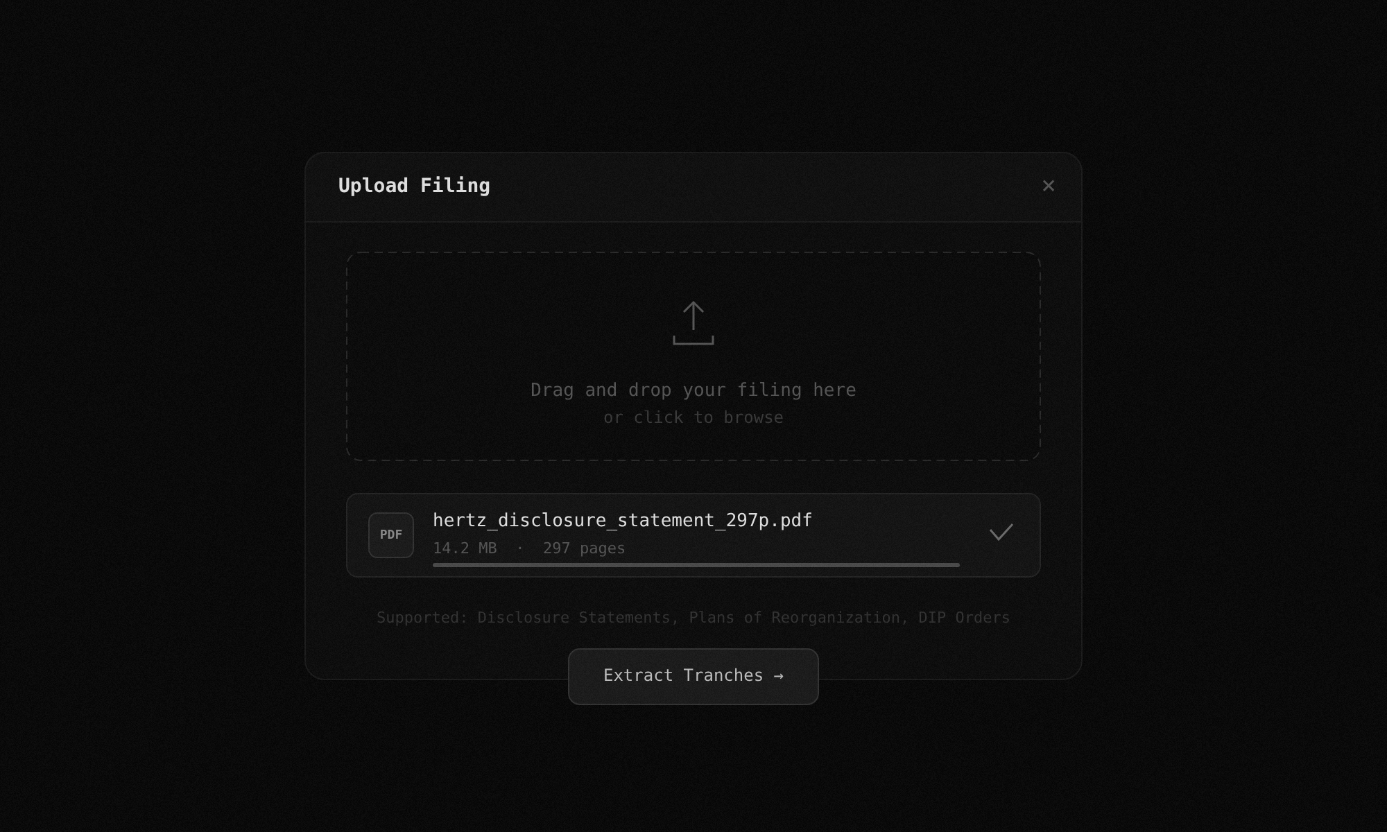 Upload interface showing drag-and-drop zone with hertz_disclosure_statement_297p.pdf uploaded
